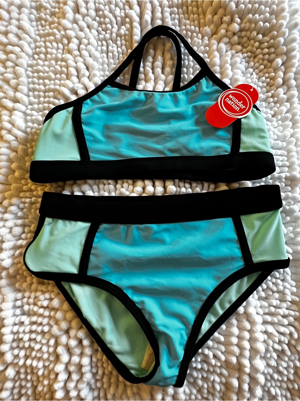 wonder nation Aqua and Mint Two-Piece Girls' Swim Bikini with Black Trim